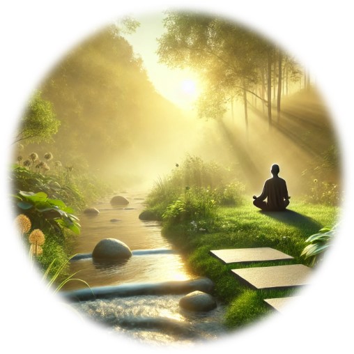 Person in der Natur neben Fluss bei der Meditation