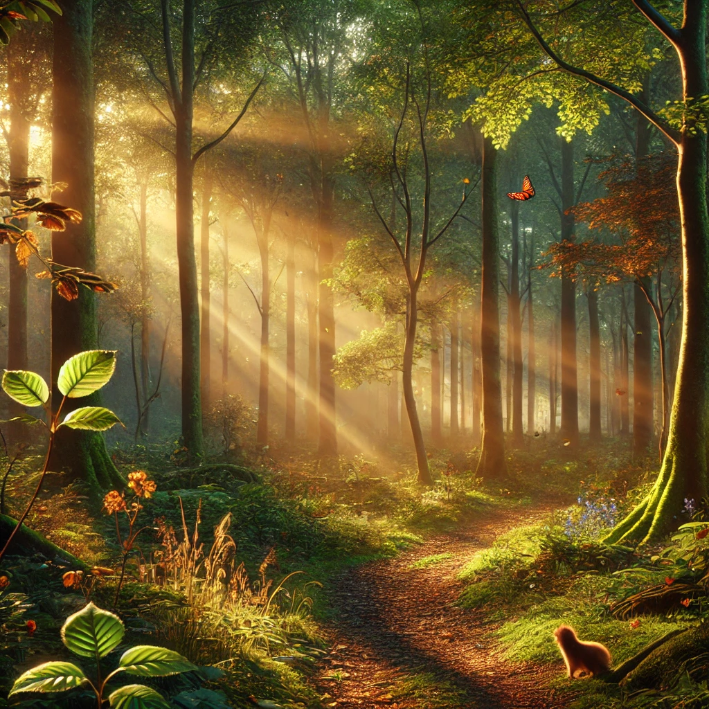 Achtsamkeit Wald mit Bäumen und Pflanzen, Tiere